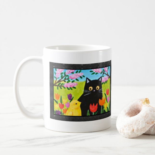 Taza De Café Black Cat and Chick Cute Folk Art Cat Lover Gift (Con donut)