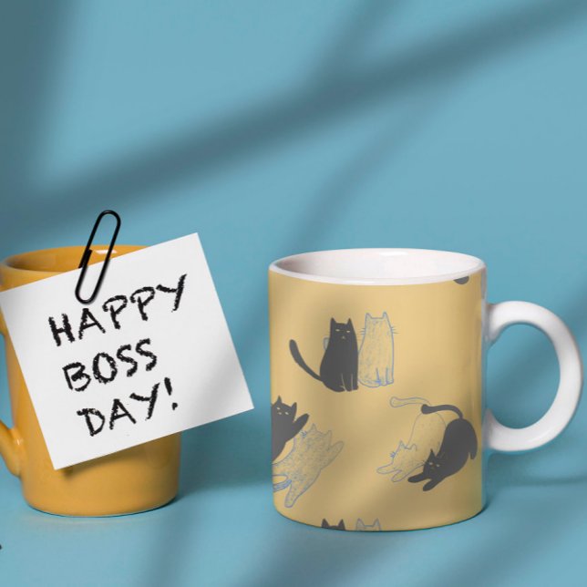 Taza De Café Black Cats on Mustard with Blue Outlines– Modern  (Subido por el creador)