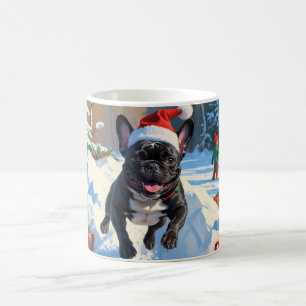 Taza De Café Black French Bulldog Navidad Festiva Escena de Nie