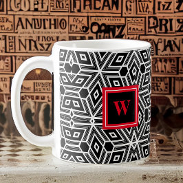 Taza De Café Black Gray White Cubism Neo Geo con Monograma Rojo