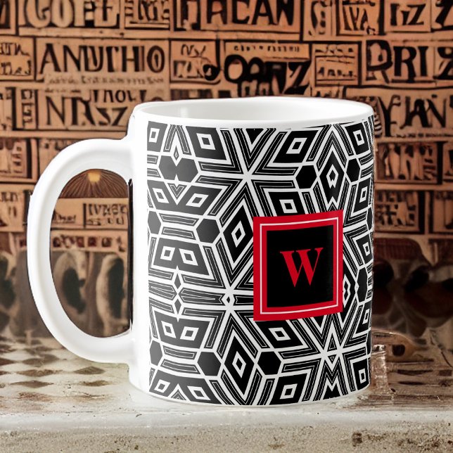 Taza De Café Black Gray White Cubism Neo Geo con Monograma Rojo (Subido por el creador)