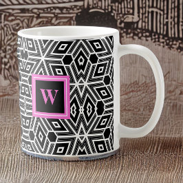 Taza De Café Black Gray White Cubism Neo Geo with Pink Monogram