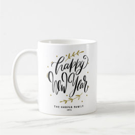 Taza De Café Black Happy New Year Modern Calligraphy Wreath