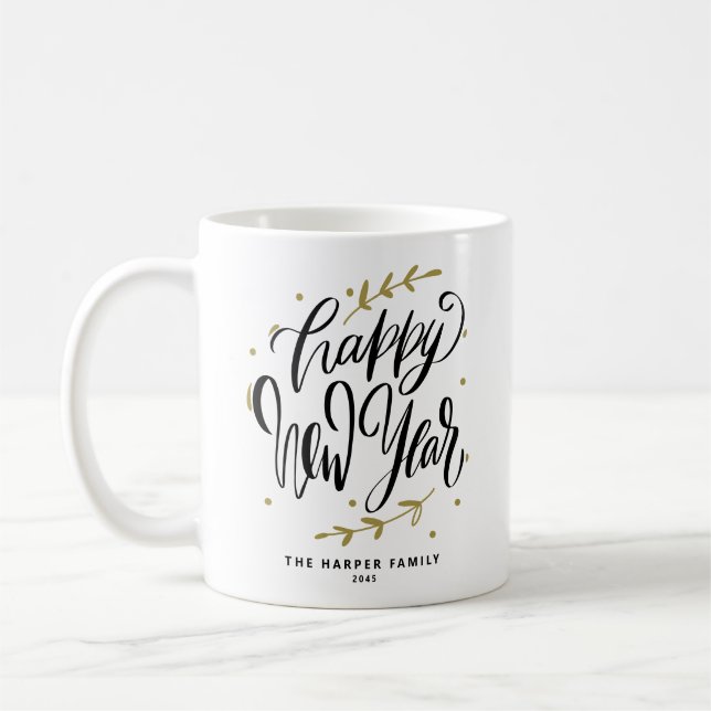 Taza De Café Black Happy New Year Modern Calligraphy Wreath (Izquierda)