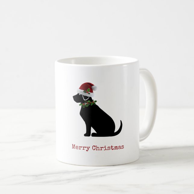 Taza De Café Black Lab Dog Merry Christmas Santa Hat Holly Fun (Anverso derecho)