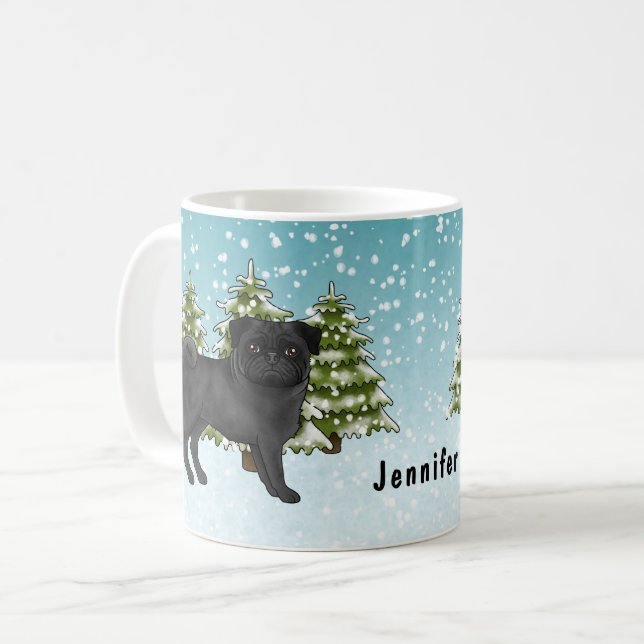 Taza De Café Black Pug Cute Cartoon Dog Snowley Winter Forest (Anverso izquierdo)