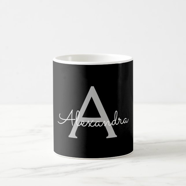 Taza De Café Black Silver Modern Script Girly Monograma Nombre (Centro)