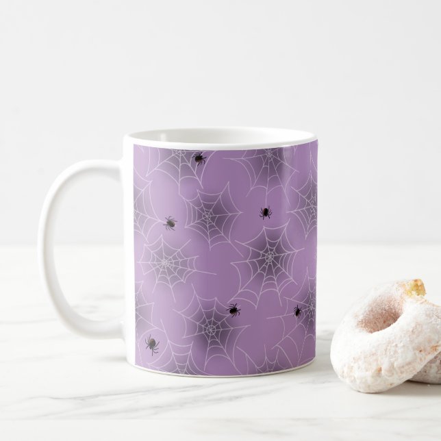 Taza De Café Black Spider White Web Purple Halloween Mug (Con donut)