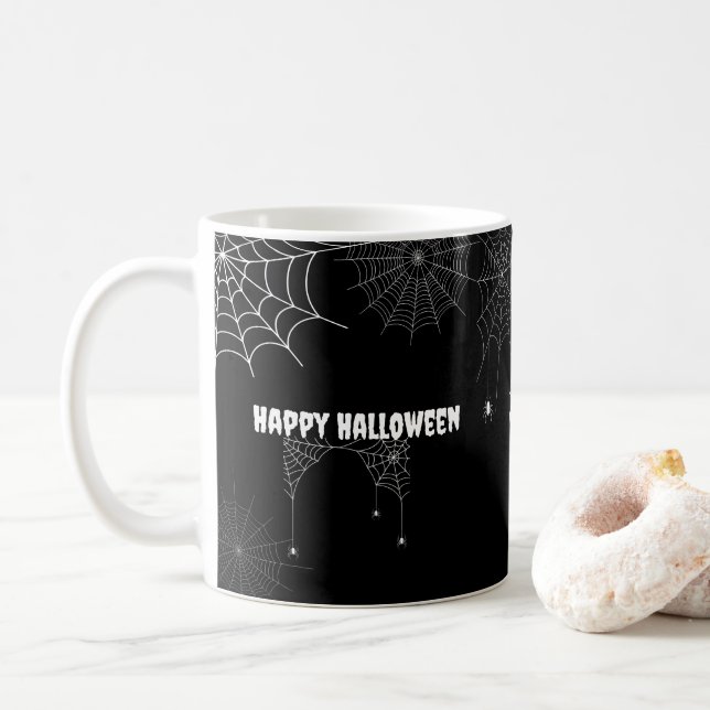 Taza De Café Black Spooky Spider Web Happy Halloween Name (Con donut)