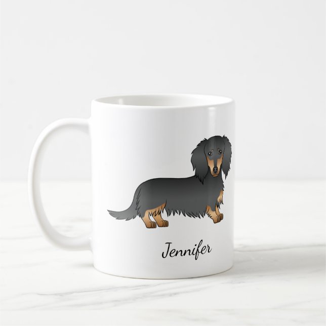 Taza De Café Black & Tan Long Hair Dachshund Cartog Dog & Name (Izquierda)