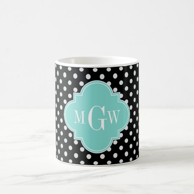 Taza De Café Black Whats Polka Dots Aqua Quatrefoil 3 Monograma (Centro)