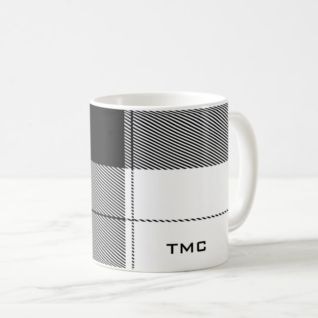 Taza De Café Black White Classic Plaid Initials Modern Preppy (Anverso derecho)