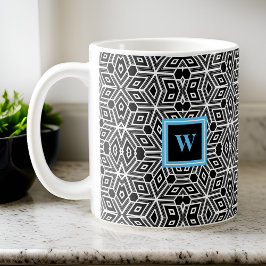 Taza De Café Black White Cubism Neo Geo con Monograma Azul Lt