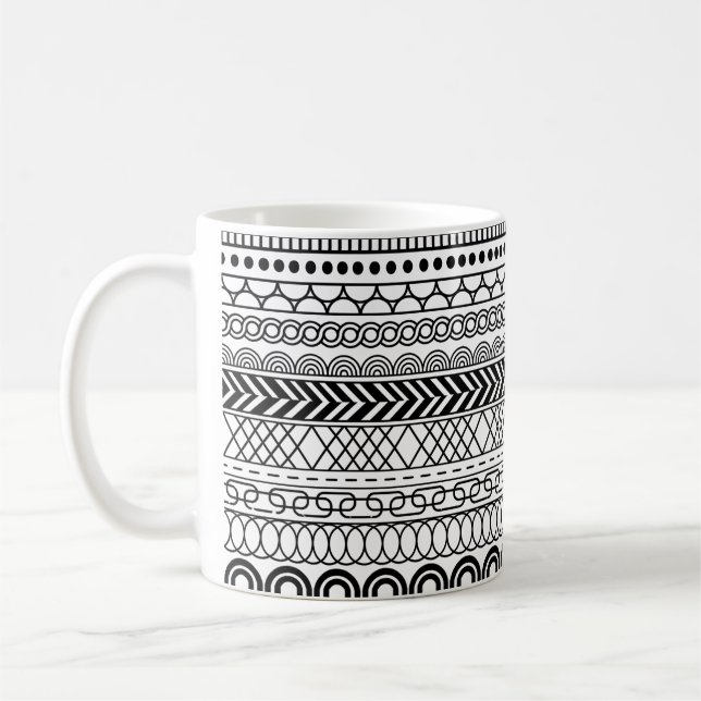 Taza De Café Black & White Geometric Border Sampler Pattern (Izquierda)