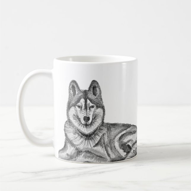 Taza De Café Black & White Ink & Watercolor Siberian Husky (Izquierda)