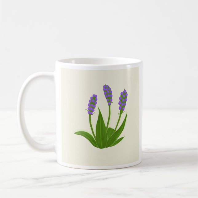 Taza de café blanca con flores púrpuras (Izquierda)