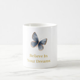 Taza De Café Blanco Azul Crema Mariposa Oro Sueños