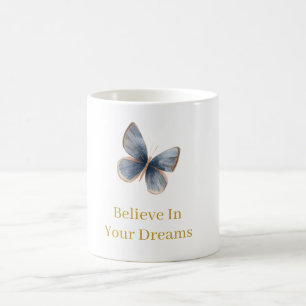 Taza De Café Blanco Azul Crema Mariposa Oro Sueños