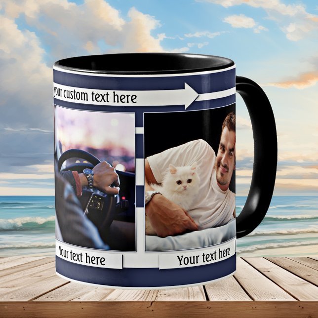 Taza De Café Blanco Azul rayado en su foto (Simple dark blue and white nautical striped mug with your own photos - great as a gift for him)