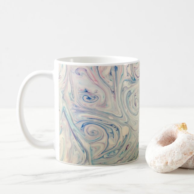 Taza De Café Blanco Azul Rosa Moderno Abstracto Fluid Marbling  (Con donut)