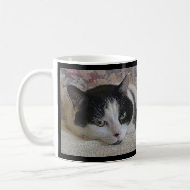 Taza De Café Blanco blanco lindo gato foto nombre monograma neg (Izquierda)