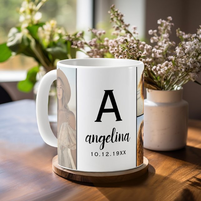 Taza De Café Blanco negro - 5 Collages de fotos - Monograma Mod (Personalized Coffee Mug)