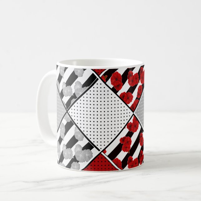 Taza De Café Blanco negro con parches retro rojos (Anverso izquierdo)