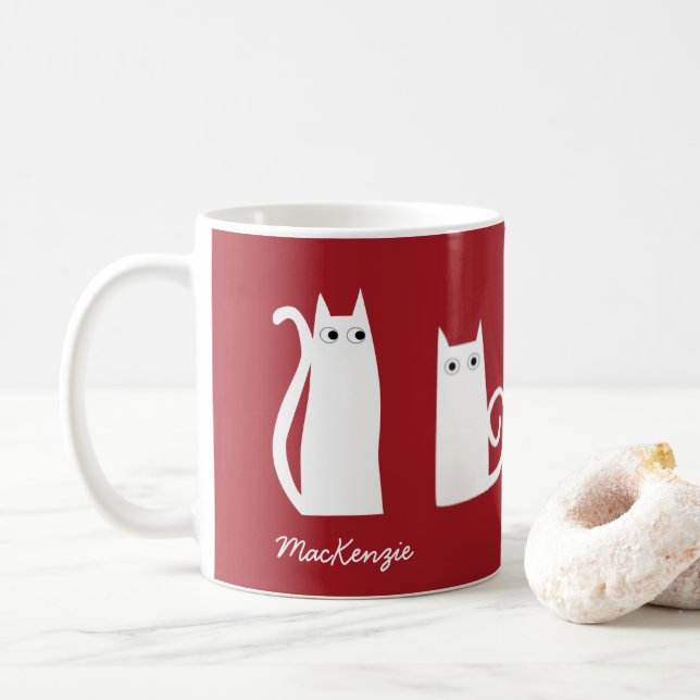 Taza De Café Blanco rojo personalizado del gato (Con donut)