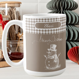 Taza De Café Blanco Simplista Feliz Navidad Snowman Plaid