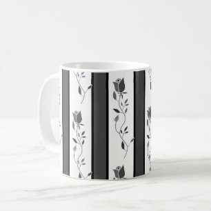 Taza De Café Blanco y negro gris vintage rayado con rosas