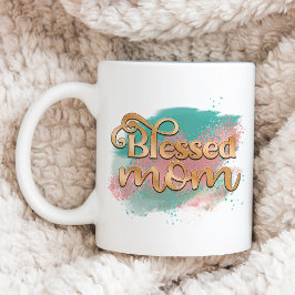 Taza De Café Blessed Mom Verde azulada Pink and Gold Purpurina