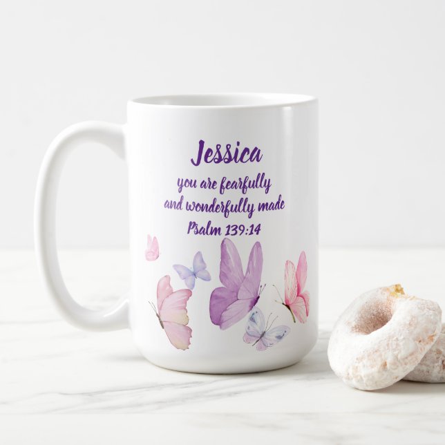 Taza De Café Blissful Butterfly Psalm 139:14 Coffee Mug (Con donut)