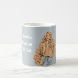 Taza De Café Blond Jeans Flores en su Cabello