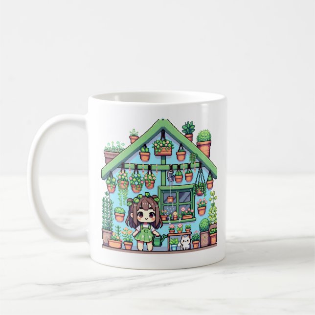 Taza De Café Bloom con gracia | Chica Kawaii con plantas (Izquierda)
