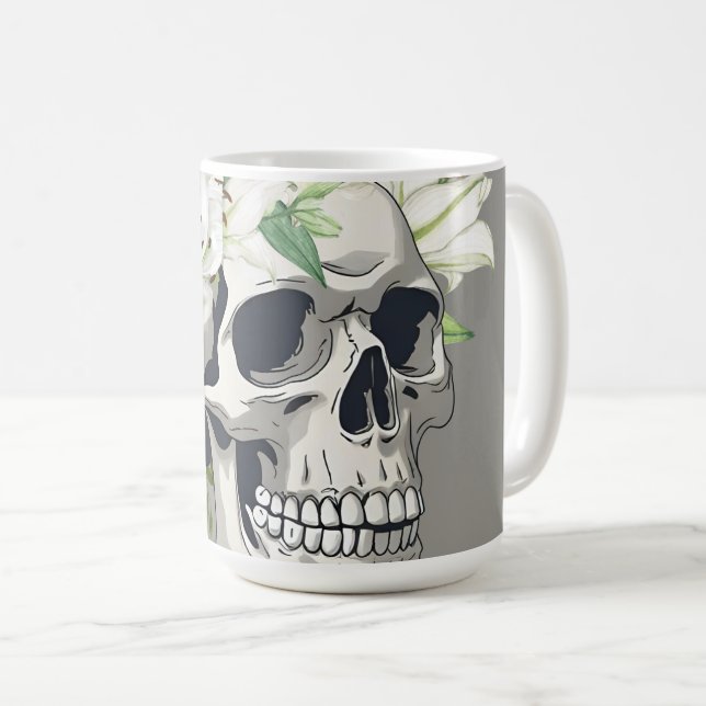 Taza De Café Bloom silencioso: Calaveras y lirios blancos (Anverso derecho)