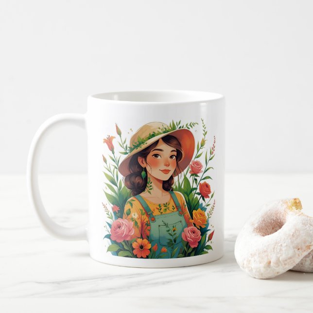 Taza De Café Blooming Gardener - Lady Gardener with Flowers (Con donut)