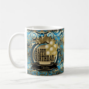 Taza De Café Blue and Gold Metallic Feliz Cumpleaños Estrella