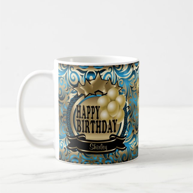 Taza De Café Blue and Gold Metallic Feliz Cumpleaños Estrella (Izquierda)