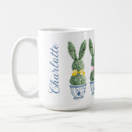 Taza De Café Blue and White Chinoiserie With Rabbit Topiary