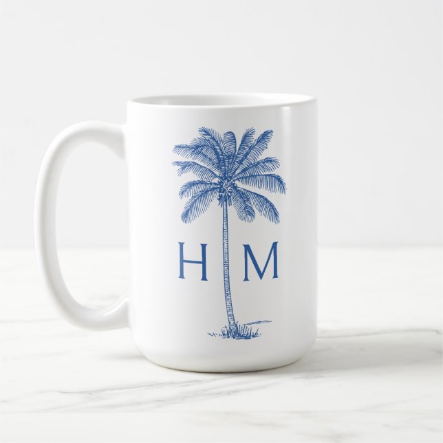 Taza De Café Blue and White Palm Palmetto Tree Monogram (Izquierda)