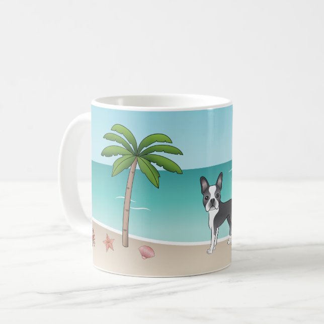 Taza De Café Blue Boston Terrier En Una Playa Tropical De Veran (Anverso izquierdo)