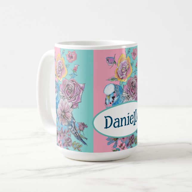 Taza De Café Blue Budgie Bird Rose Floral Pink Aqua Girls Name (Anverso izquierdo)