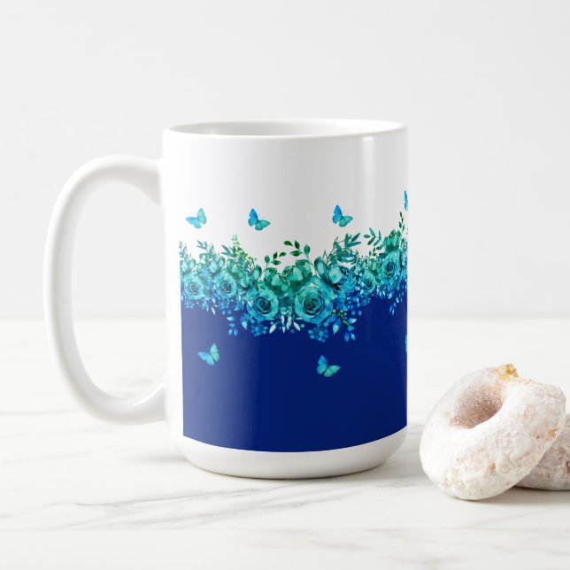 Taza De Café Blue Butterfly Garden Floral  (Con donut)