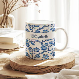 Taza De Café Blue Chinoiserie Floral Custom Name