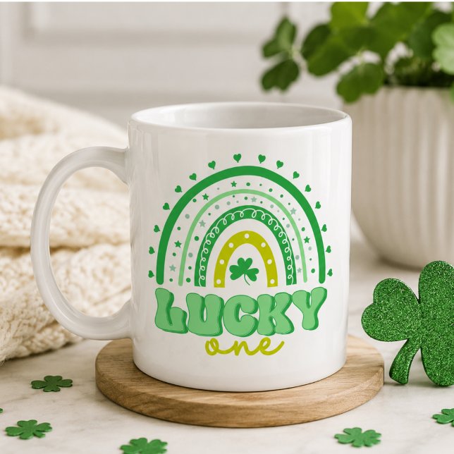 Taza De Café Blue Clover & Rainbow Lucky One Primer Cumpleaños  (Blue Clover & Rainbow Lucky One First Birthday Coffee Mug)