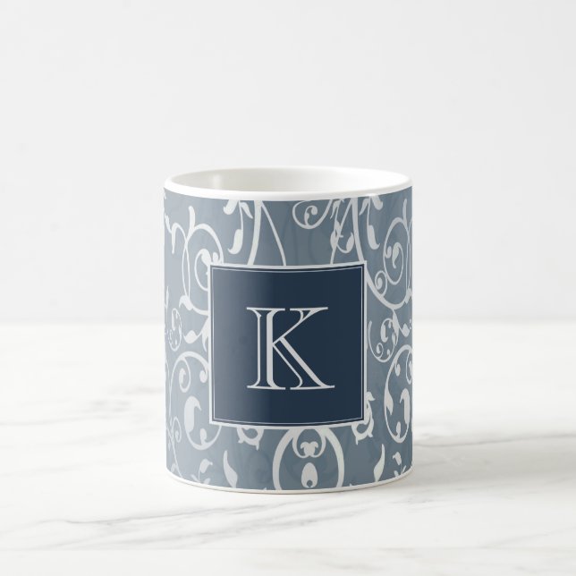 Taza De Café Blue Elegant Flourish Monogram Mug (Centro)