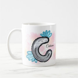 Taza De Café Blue Floral Watercolor Letter C