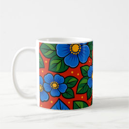 Taza De Café Blue Flowers and Green Leaves on a Red Background