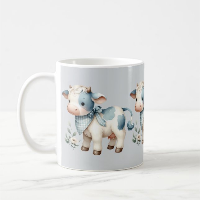 Taza De Café Blue Gingham Baby Cow Pastel Farm Aesthetic (Izquierda)