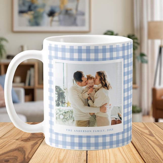 Taza De Café Blue Gingham Custom Photo (Subido por el creador)